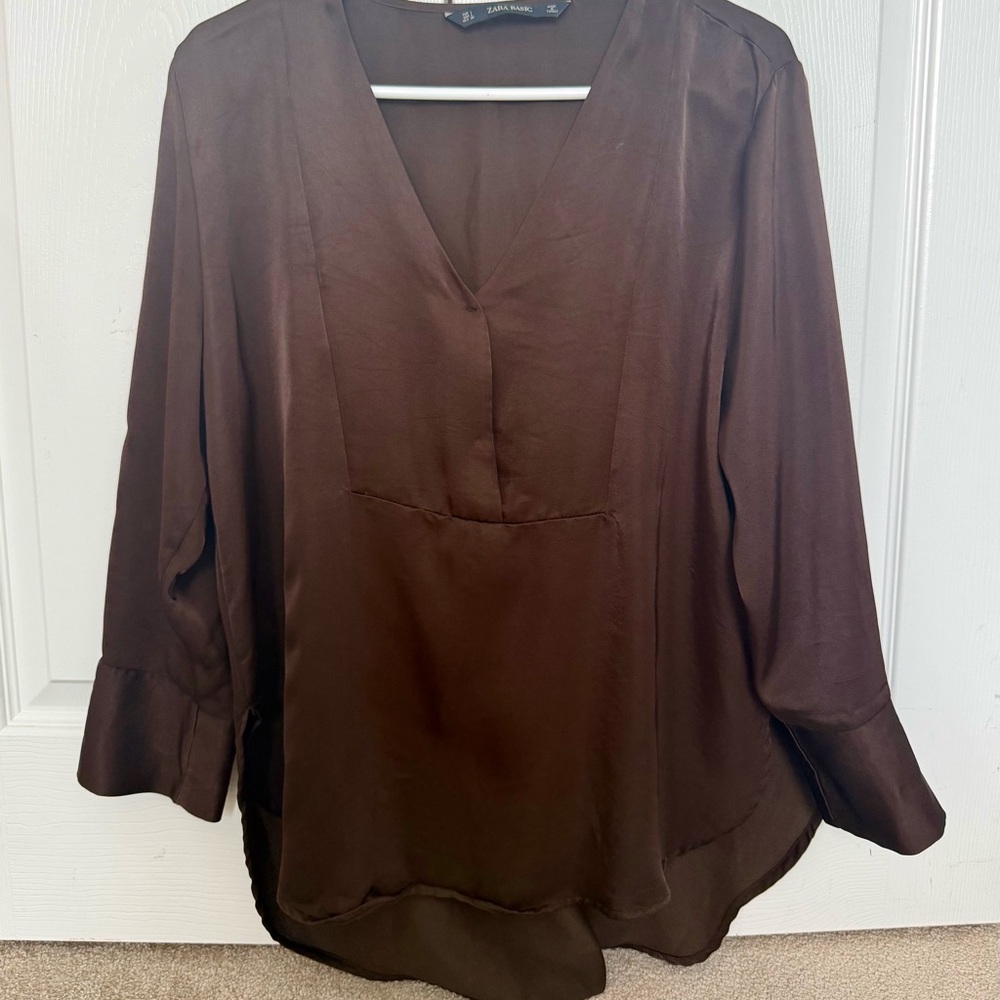 Zara Brown Women's Blouse Top 3/4 length Sleeves Size Large
